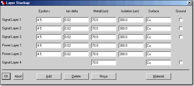 BAE Version 6.2: BAE HighEnd Layout Editor Dialog - Layer Stackup