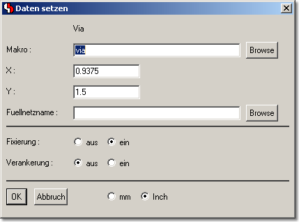 BAE Version 6.6: Layouteditor - Durchkontaktierung: Dialog zur Elementbearbeitung