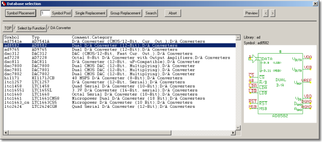 BAE Version 6.6: Schematic Editor: Symbol Database with Symbol Preview