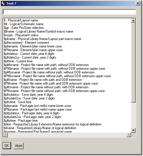 BAE Version 6.6: Schematic Editor - Toolbar - Add Text: Toolbar Text Placement Function with Text/System Attribute List